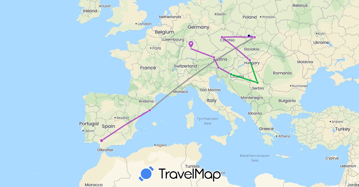 TravelMap itinerary: driving, bus, plane, train in Austria, Czech Republic, Germany, Spain, Croatia, Hungary, Poland, Serbia (Europe)